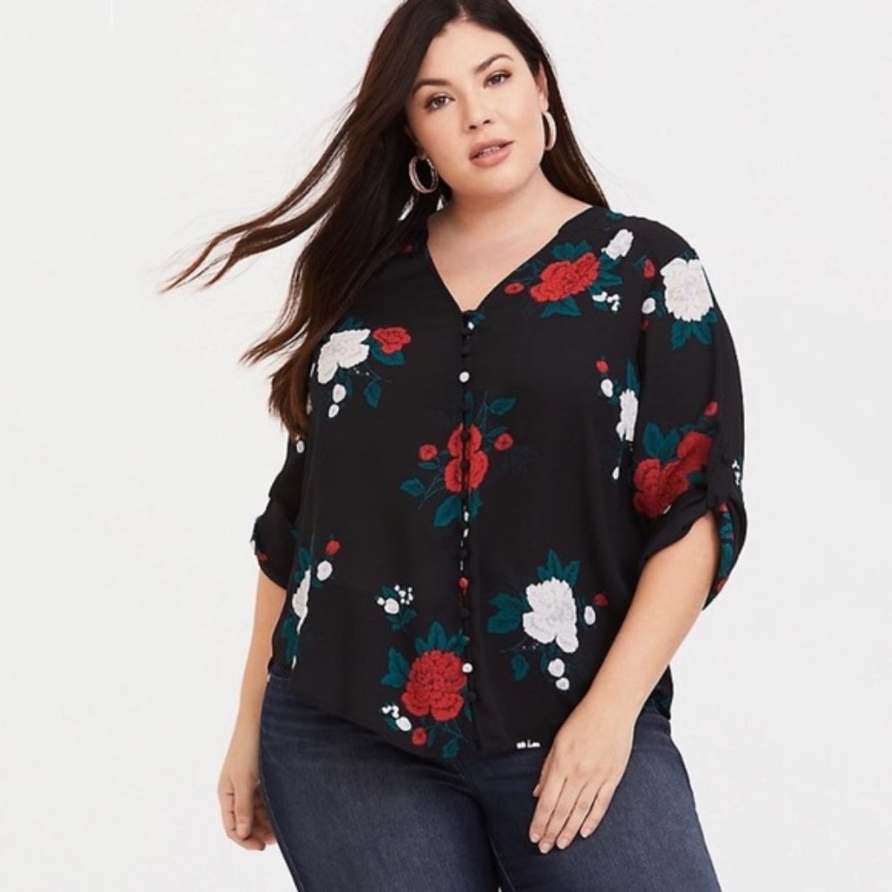 Torrid Black Floral Chiffon Button-Up Blouse